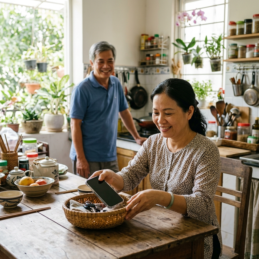 Cha mẹ chủ động đặt điện thoại xuống làm gương cho con