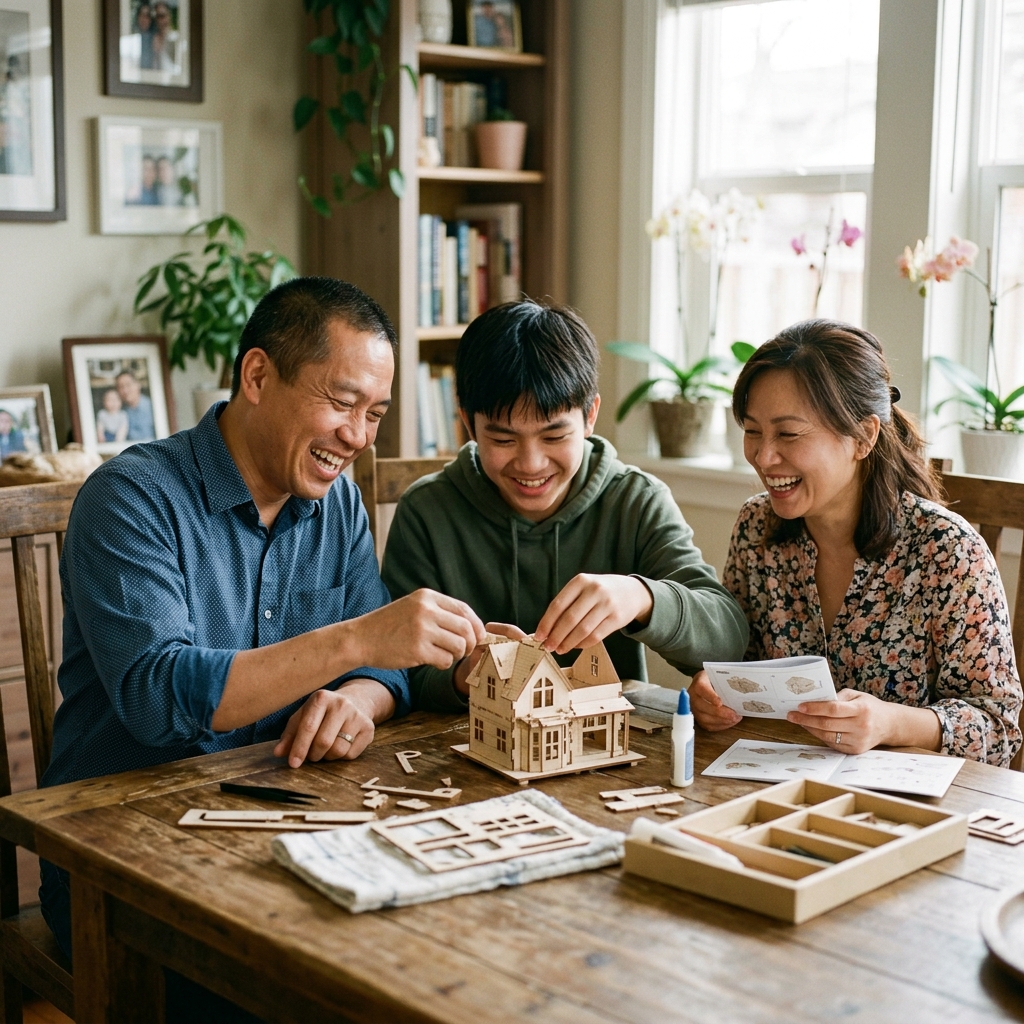 Gia đình Việt Nam quây quần cùng con lắp ghép đồ chơi và chia sẻ